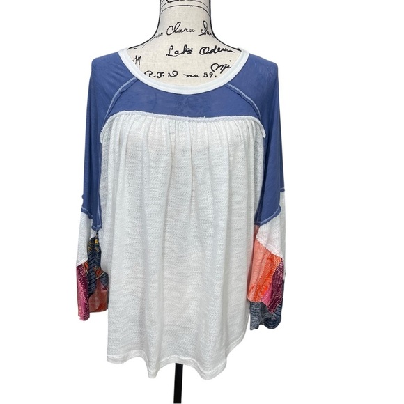 Free People Batwing Oversized Flowy Boho Color Block w/Florals Raw Hem Size L - Picture 5 of 14